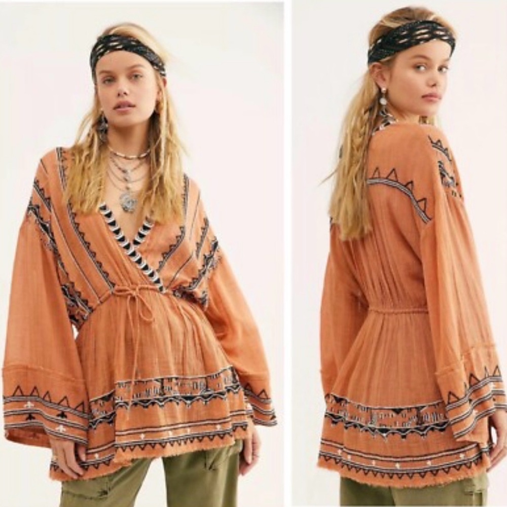 Free People Embroidered Saffron Tunic Top S Boho Flare Sleeve Festival